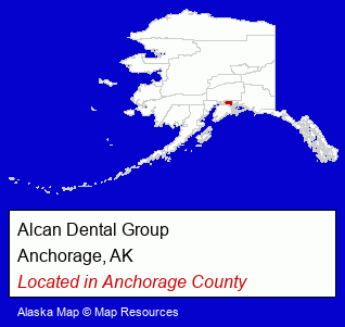 Alaska counties map, showing the general location of Alcan Dental Group