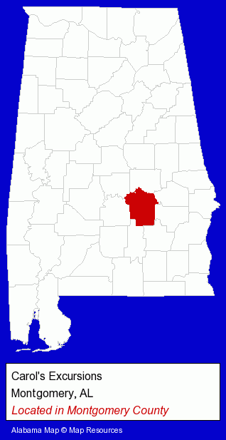 Alabama counties map, showing the general location of Carol's Excursions
