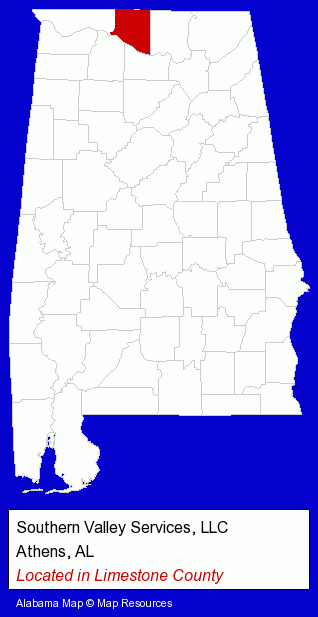 Alabama counties map, showing the general location of Southern Valley Services, LLC