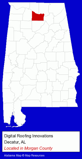 Alabama counties map, showing the general location of Digital Roofing Innovations