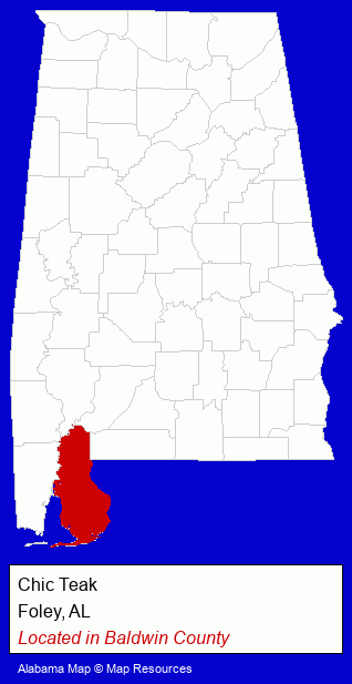 Alabama counties map, showing the general location of Chic Teak