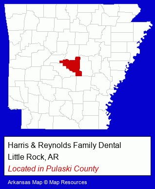 Arkansas counties map, showing the general location of Harris & Reynolds Family Dental