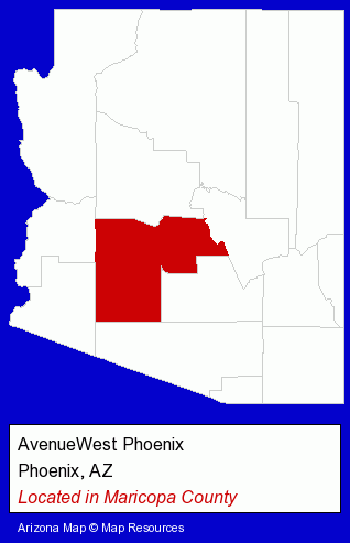 Arizona counties map, showing the general location of AvenueWest Phoenix
