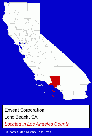 California counties map, showing the general location of Envent Corporation