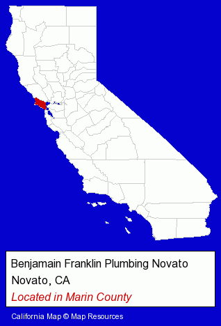 California counties map, showing the general location of Benjamain Franklin Plumbing Novato