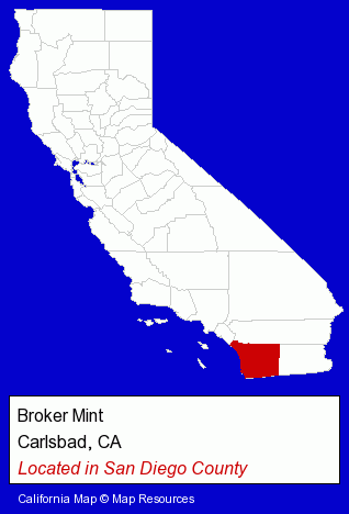 California counties map, showing the general location of Broker Mint