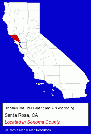 California counties map, showing the general location of Bigham's One Hour Heating and Air Conditioning