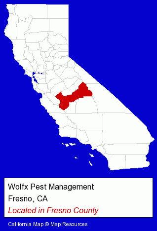 California counties map, showing the general location of Wolfx Pest Management
