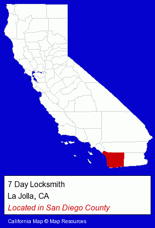 California counties map, showing the general location of 7 Day Locksmith