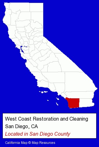 California counties map, showing the general location of West Coast Restoration and Cleaning