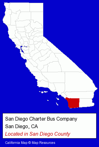 California counties map, showing the general location of San Diego Charter Bus Company