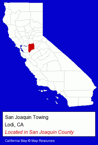 California counties map, showing the general location of San Joaquin Towing