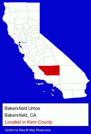 California counties map, showing the general location of Bakersfield Limos
