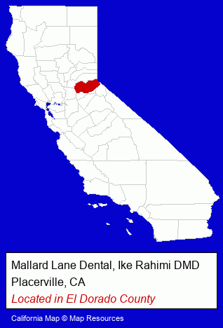 California counties map, showing the general location of Mallard Lane Dental, Ike Rahimi DMD