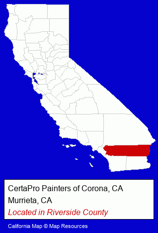 California counties map, showing the general location of CertaPro Painters of Corona, CA