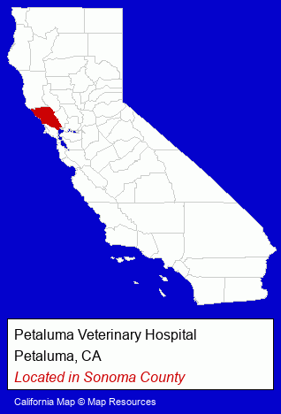 California counties map, showing the general location of Petaluma Veterinary Hospital