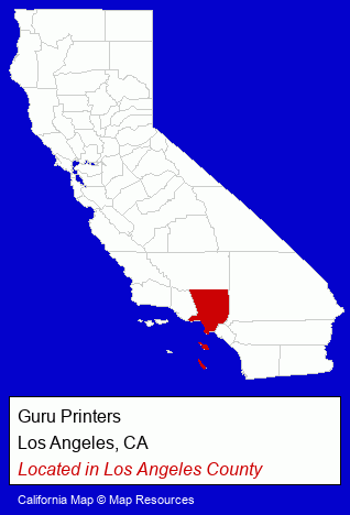 California counties map, showing the general location of Guru Printers
