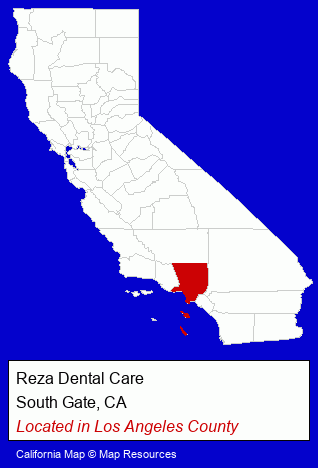 California counties map, showing the general location of Reza Dental Care