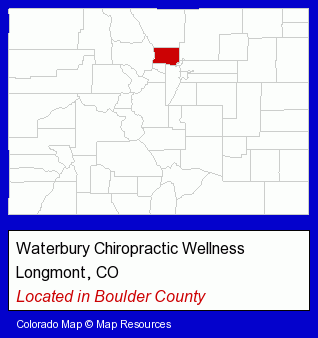 Colorado counties map, showing the general location of Waterbury Chiropractic Wellness