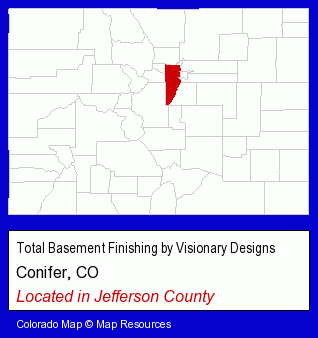 Colorado counties map, showing the general location of Total Basement Finishing by Visionary Designs