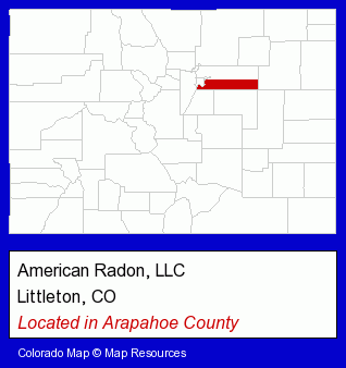Colorado counties map, showing the general location of American Radon, LLC