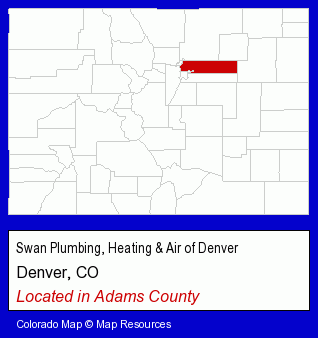 Colorado counties map, showing the general location of Swan Plumbing, Heating & Air of Denver
