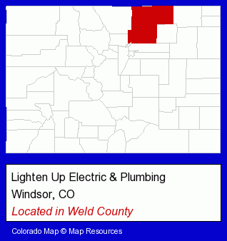 Colorado counties map, showing the general location of Lighten Up Electric & Plumbing