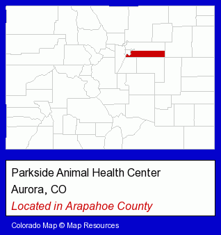 Colorado counties map, showing the general location of Parkside Animal Health Center