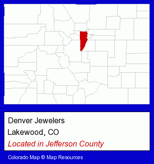 Colorado counties map, showing the general location of Denver Jewelers