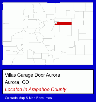 Colorado counties map, showing the general location of Villas Garage Door Aurora
