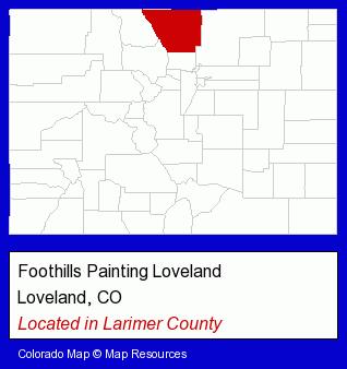 Colorado counties map, showing the general location of Foothills Painting Loveland