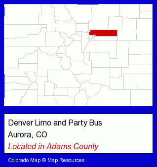 Colorado counties map, showing the general location of Denver Limo and Party Bus