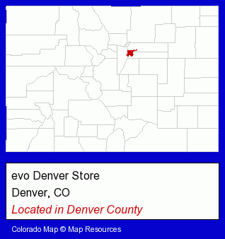 Colorado counties map, showing the general location of evo Denver Store