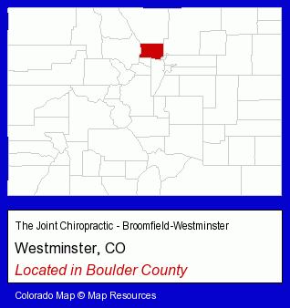 Colorado counties map, showing the general location of The Joint Chiropractic - Broomfield-Westminster