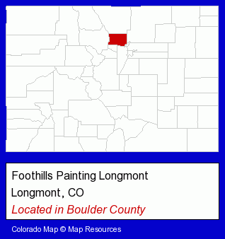 Colorado counties map, showing the general location of Foothills Painting Longmont