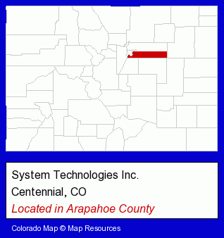 Colorado counties map, showing the general location of System Technologies Inc.