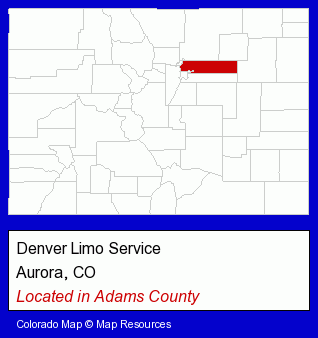Colorado counties map, showing the general location of Denver Limo Service