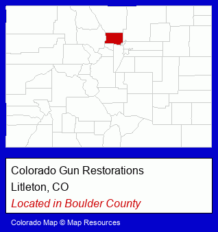 Colorado counties map, showing the general location of Colorado Gun Restorations