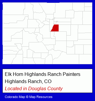 Colorado counties map, showing the general location of Elk Horn Highlands Ranch Painters