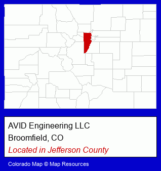 Colorado counties map, showing the general location of AVID Engineering LLC