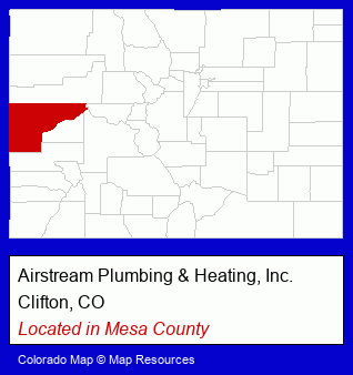 Colorado counties map, showing the general location of Airstream Plumbing & Heating, Inc.
