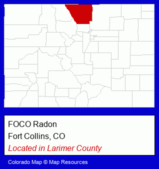 Colorado counties map, showing the general location of FOCO Radon