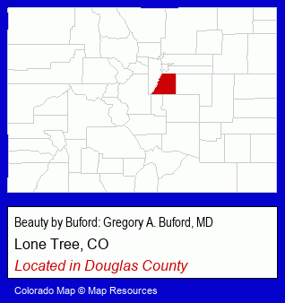 Colorado counties map, showing the general location of Beauty by Buford: Gregory A. Buford, MD