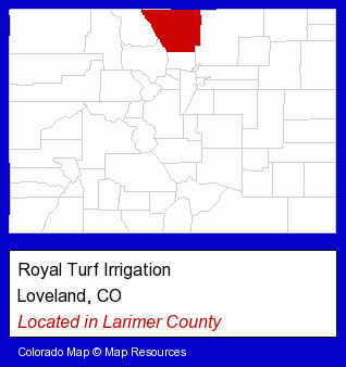 Colorado counties map, showing the general location of Royal Turf Irrigation