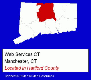 Connecticut counties map, showing the general location of Web Services CT