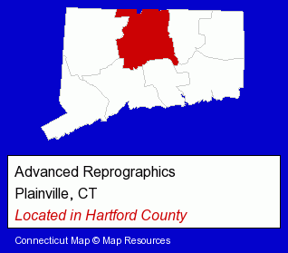 Connecticut counties map, showing the general location of Advanced Reprographics