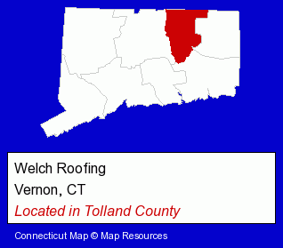 Connecticut counties map, showing the general location of Welch Roofing