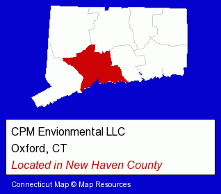 Connecticut counties map, showing the general location of CPM Envionmental LLC