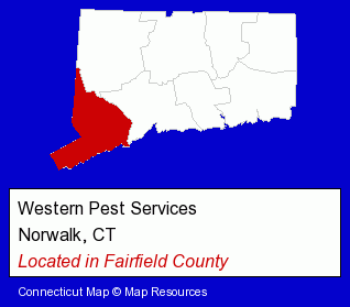 Connecticut counties map, showing the general location of Western Pest Services