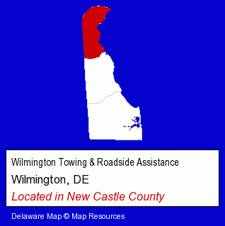 Delaware counties map, showing the general location of Wilmington Towing & Roadside Assistance
